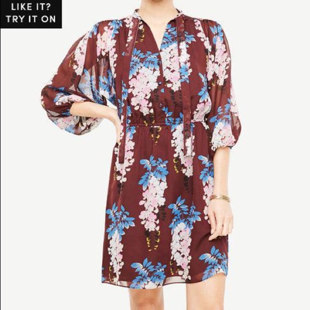Ann Taylor Floral Tie Neck Dress Maroon